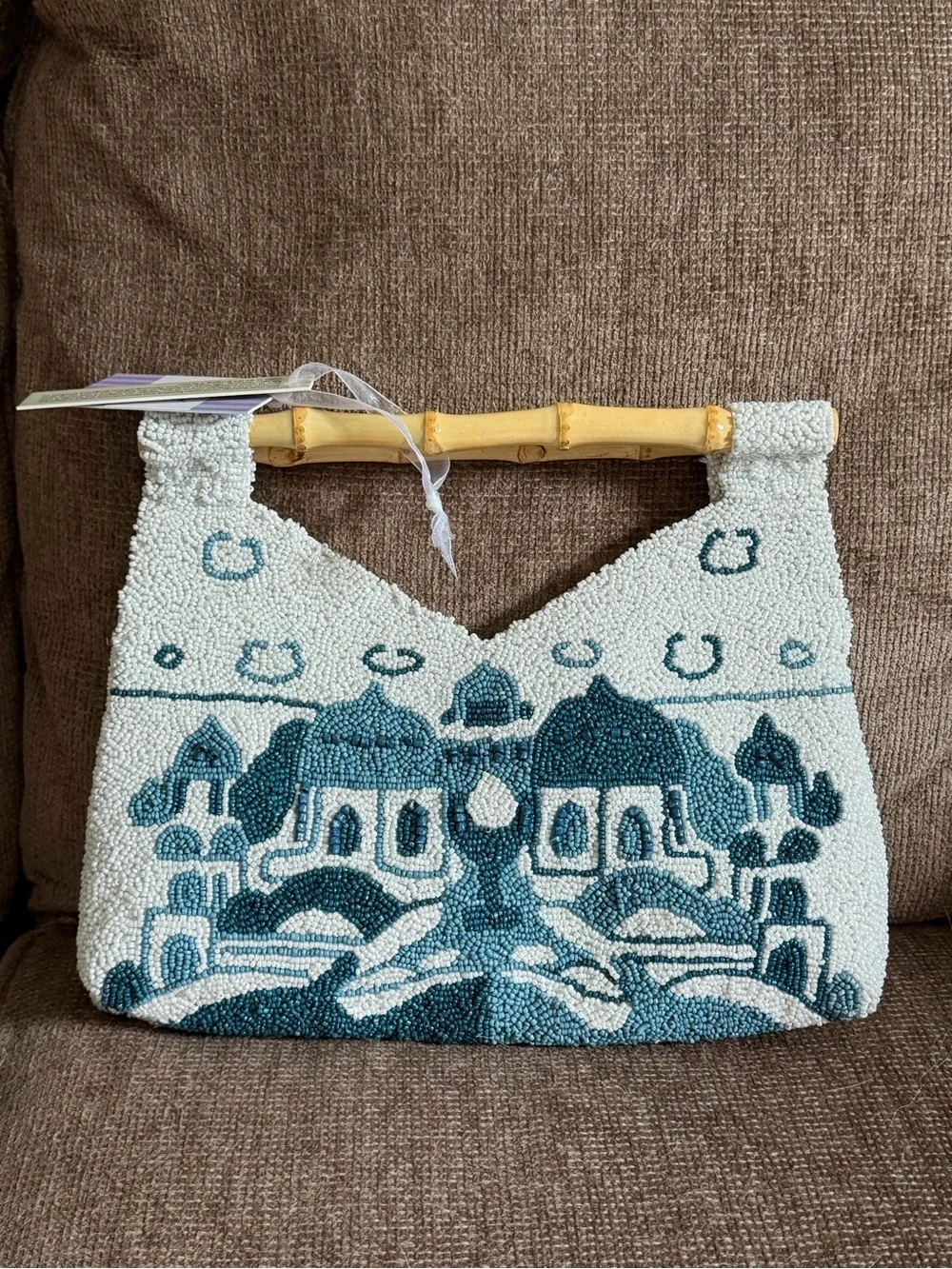 Hand beaded Bag with Bamboo Carrying Handles